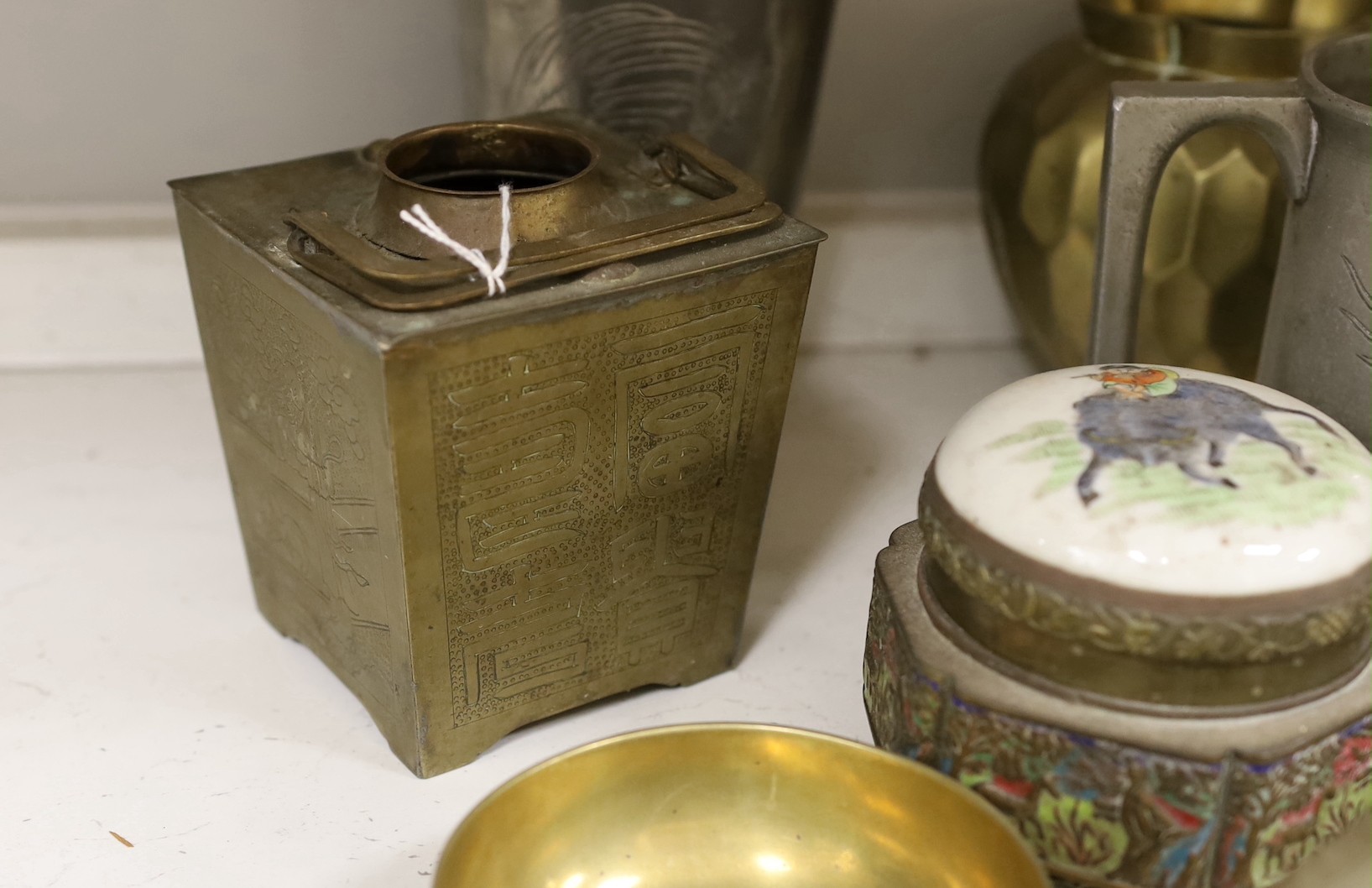 A selection of miscellaneous items, to include Chinese pewter and bronze vessels, two embroidered panels, a carving set, etc.